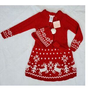 NWT Red Holiday Knit Sweater Dress/Hat Set Reindeer Snowflake Size 4 Fair Isle